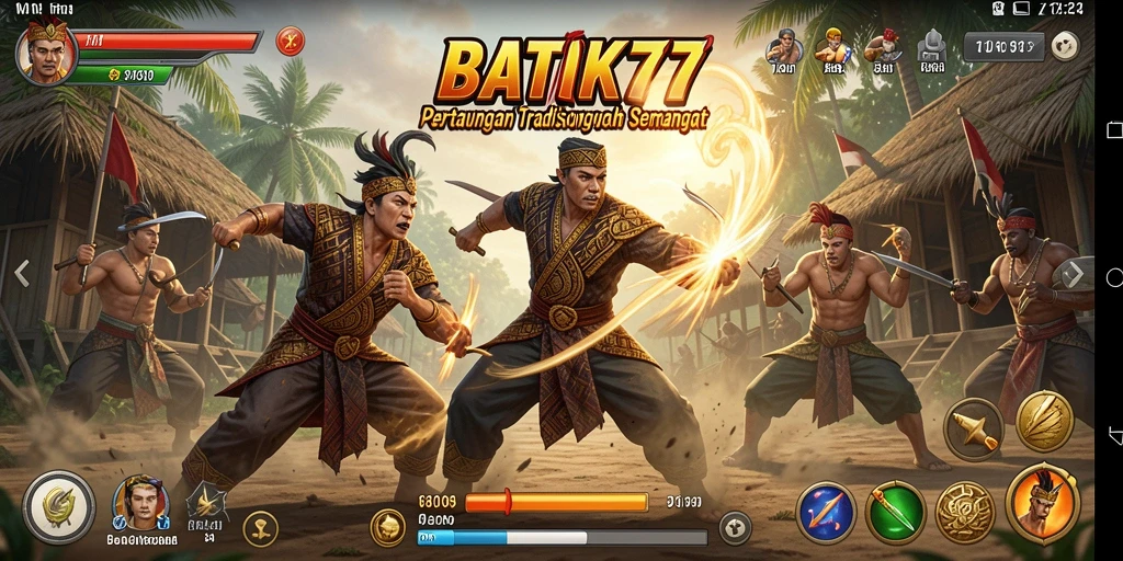 Tampilan pertarungan seru dengan karakter-karakter unik dari BATIK77.