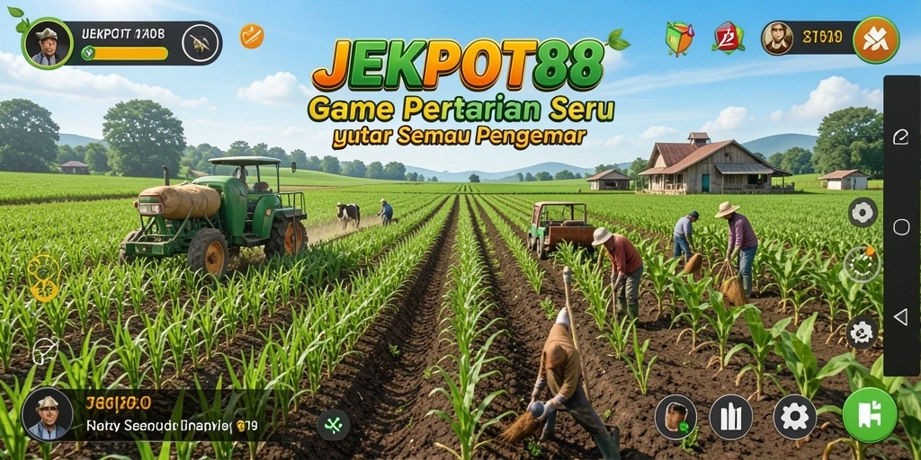 Tangkapan layar utama JEKPOT88 menampilkan aktivitas bertani yang seru dan interaktif.