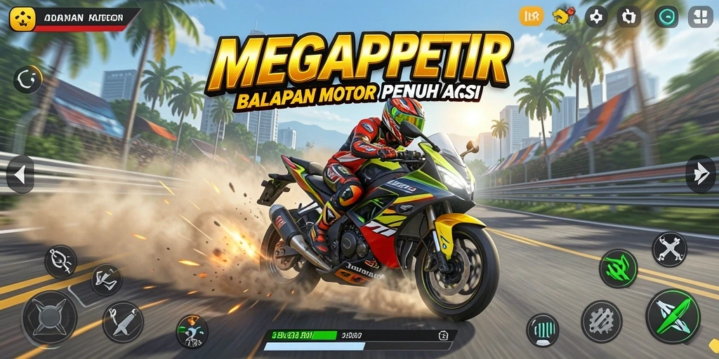 Gameplay balapan motor yang mendebarkan di MEGAPETIR.
