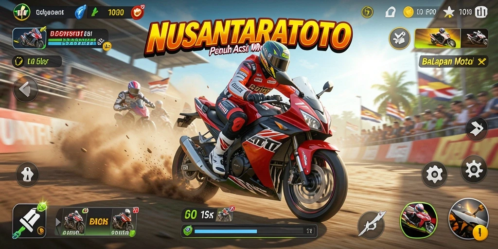Tampilan gameplay NUSANTARATOTO yang menegangkan dan penuh aksi balapan motor.